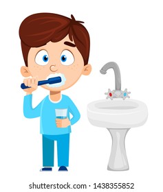 Cute little boy brushing teeth. Funny cartoon character. Vector illustration.