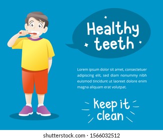 Cute little boy brushing teeth. Kid boy brushing teeth vector illustration