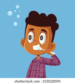 

Cute Little Boy Brushing Teeth Vector Illustration. Cheerful little child having good oral health clean routine
