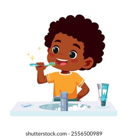 cute little boy brushing teeth	