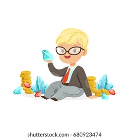 Cute little boy businessman sitting surrounded by stacks of gold coins, diamonds and rubies, kids savings and finance, richness of childhood vector Illustration