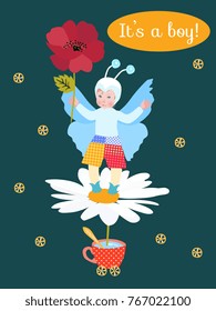 Cute little boy in butterfly costume on daisy flower. Baby shower invitation card in vector.