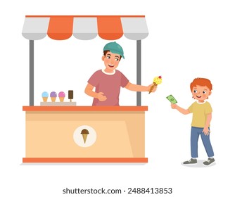 cute little boy buying ice cream from cart