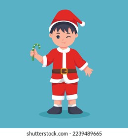 Cute Little Boy with Candy Christmas Character Illustration