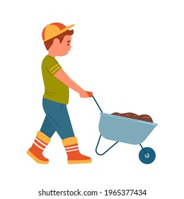 Cute Little Boy In A Cap And Rubber Boots Pushing Wheelbarrow Of Earth. Flat Vector Kid Character Illustration. Isolated On White.