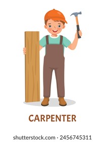 Cute little boy carpenter holding wood and hammer