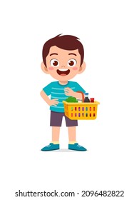 cute little boy carry basket full of groceries