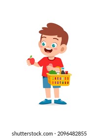 cute little boy carry basket full of groceries