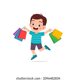 cute little boy carry many shopping bags