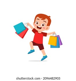 cute little boy carry many shopping bags