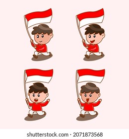 Cute little boy carrying a flag Indonesia, little children celebrate independence, heroes day