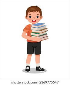 Cute little boy carrying pile of books