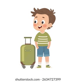 Cute Little Boy Carrying Suitcase, Kid Traveler Cartoon Character Vector Illustration