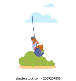 Cute little boy cartoon character playing on bungee swing, flat vector illustration isolated on white background. Kids summer amusements and playground rides.