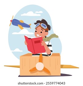 Cute little boy cartoon character imagining himself like pilot reading paper book about aviation and planes vector illustration. Smart preschool kid bookworm enjoying learning with literature