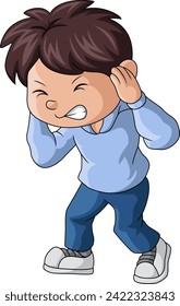 Cute little boy cartoon covering his ears from noisy loud sound 