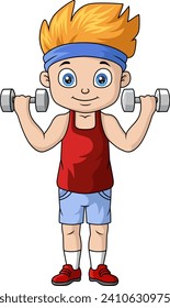 Cute little boy cartoon with dumbbell