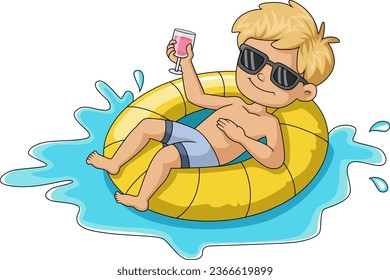 Cute little boy cartoon floating on inflatable ring