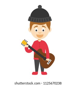 Cute little boy cartoon guitarist holding violin in his hand 