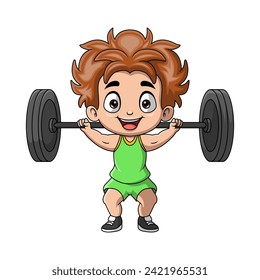 Cute little boy cartoon lifting barbell