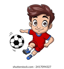 Cute little boy cartoon playing football