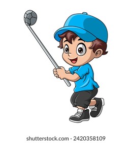 Cute little boy cartoon playing golf