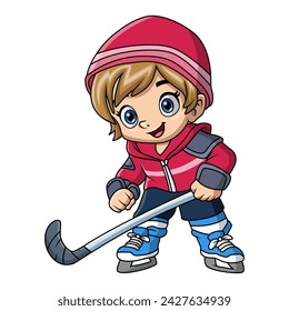 Cute little boy cartoon playing ice hockey