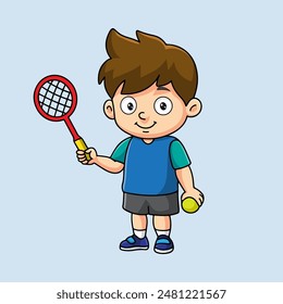 Cute little boy cartoon playing tennis