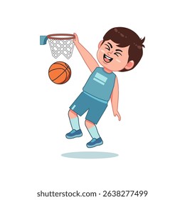 Cute Little Boy Cartoon Playing Basketball Slam Dunk Score
