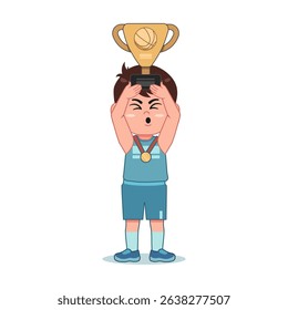 Cute Little Boy Cartoon Playing Basketball Winner Trophy