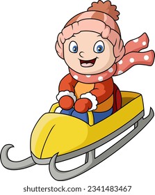 Cute little boy cartoon sledding down