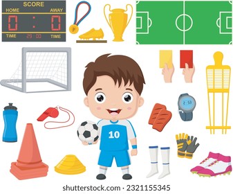 Cute little boy cartoon with soccer game sport element