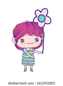 cute little boy cartoon with striped clothes holding flower vector illustration