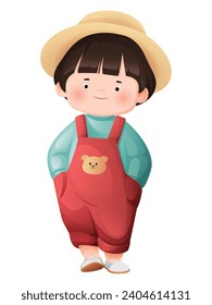 A cute little boy in cartoon style. Happy, kawaii smiling boy childred character. A schoolboy in a hat stands with his hands in his pockets. Vector illustration isolated on a white background.