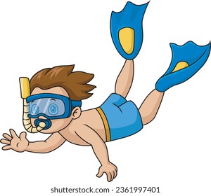 Cute little boy cartoon swimming and diving in underwater