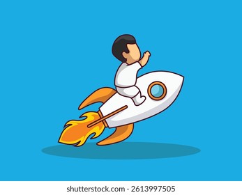 Cute little boy cartoon vector icon illustration riding a rocket. Premium Isolated Vector Science Technology Icon Concept. Flat Cartoon Style.