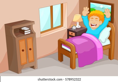 cute little boy cartoon wake up in the bedroom