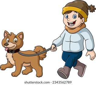 Cute little boy cartoon walking with dog