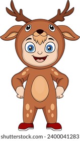 Cute little boy cartoon wearing reindeer costume