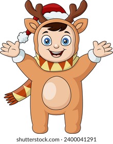 Cute little boy cartoon wearing reindeer costume