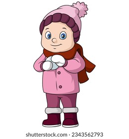 Cute little boy cartoon in winter clothes with snowballs