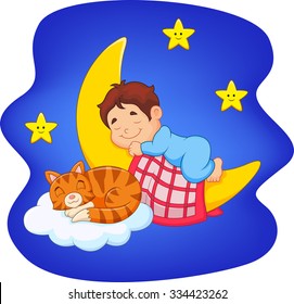 Cute little boy with cat sleeping on the moon
