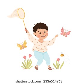 Cute little boy catching butterflies with net on summer meadow. Happy kid playing outdoors cartoon vector illustration
