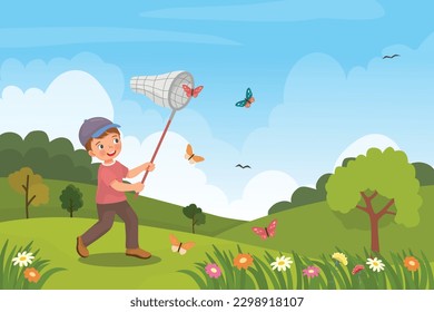 Cute little boy catching butterfly with net at the garden in the spring season