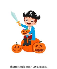 cute little boy celebrate halloween wear pirate costume