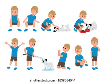 Cute little boy character activities set playing with dogs flat illustration isolated on layers 