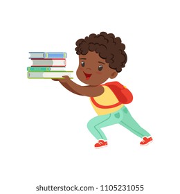 Cute little boy character with backpack holding heavy stack of books vector Illustration on a white background