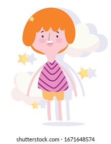 Cute little boy character with clouds and stars.  cartoon vector illustration