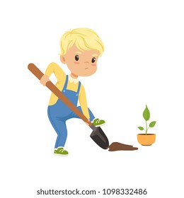 Cute little boy character digging the hole by shovel to plant seedling vector Illustration on a white background
