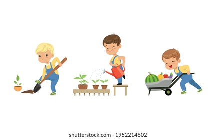 Cute Little Boy Character Digging the Hole with Shovel, Watering Plants and Harvesting Pulling Wheelbarrow with Crops Vector Set